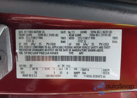 2014 Ford Escape S из США, поврежденный, VIN 1FMCU0F76EUNA1098